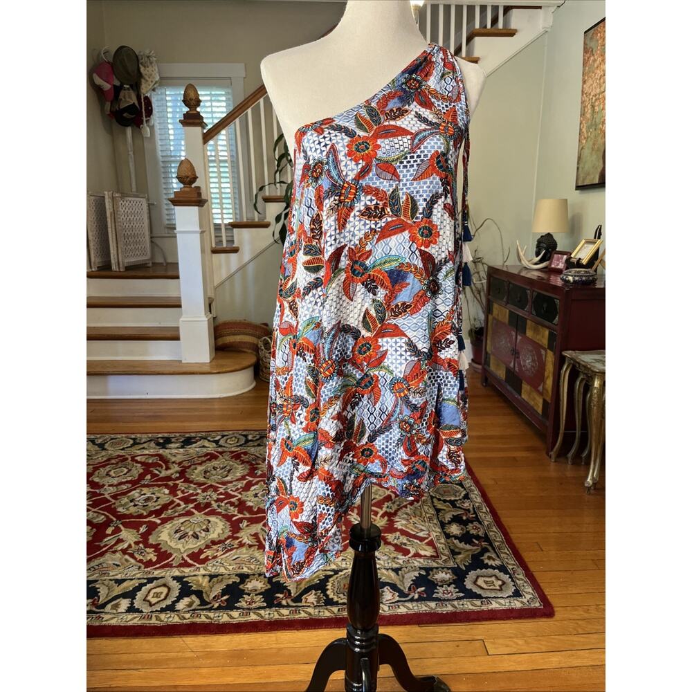 Red Carter One Shoulder Tassel Tunic Medium 8 Boho Beach Tropical Resort